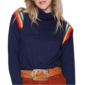 CAMP COLLECTION Navy Betty 70s Rainbow Turtleneck Long Sleeve Top Size Medium